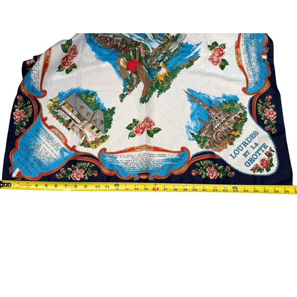 Vintage Lourdes Et La Grotte 30” Religious Scarf Blue Border - Picture 5 of 5